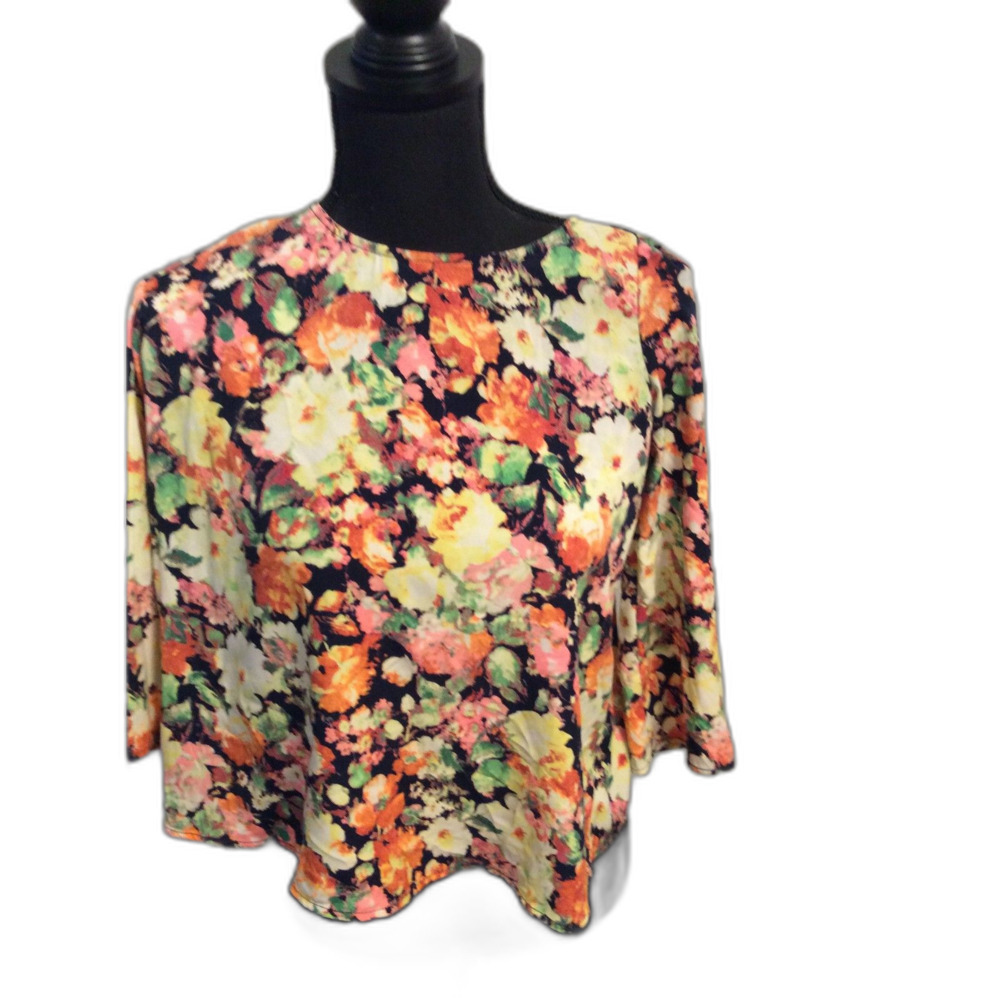 LUSH Floral Open Back Blouse Top 3/4 Sleeves Womens Size XS